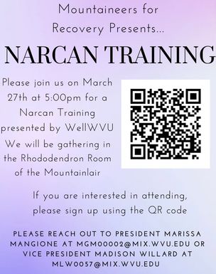 Mountaineers for Recovery Naloxone training on 3/27 at 5pm in the Rhododendron Room of the Mountainlair. Anyone interested can sign up through the QR code on the flyer or email mgm00002@mix.wvu.edu for more information.