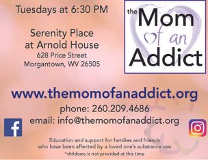 The Mom of an Addict Support Group on Tuesdays from 630 to 730pm at 628 Price Street