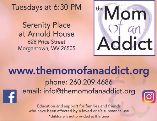 The Mom of an Addict support group on Tuesdays from 630 to 730pm at 628 Price Street